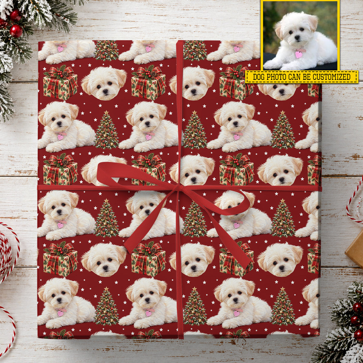Personalized Christmas Dog Wrapping Paper, Custom Pet Face Wrapping Paper Rolls, Xmas Gift Wrap For Dog Lover