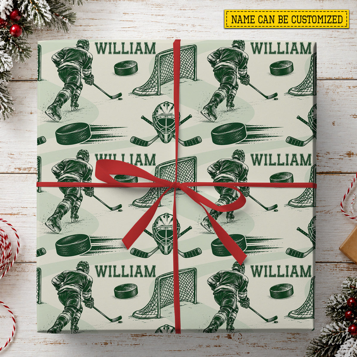 Personalized Hockey Wrapping Paper, Ice Hockey Player And Puck Wrapping Paper Rolls, Gift Wrap For Hockey Lover