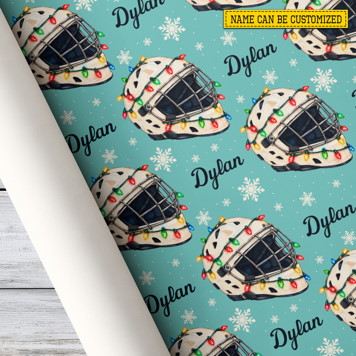 Personalized Christmas Hockey Wrapping Paper, Hockey Helmet With Christmas Lights Wrapping Paper Rolls, Xmas Gift Wrap For Hockey Lover