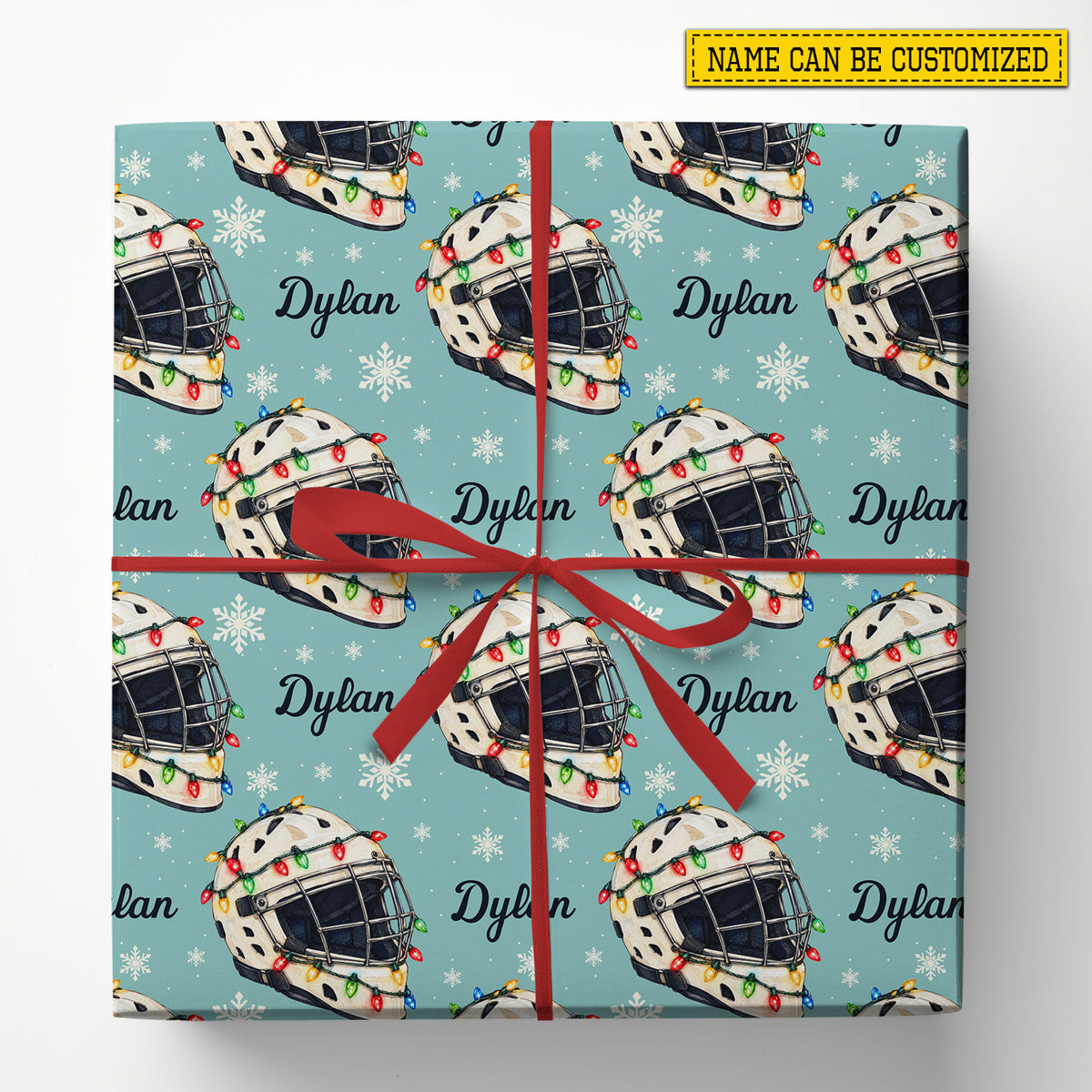 Personalized Christmas Hockey Wrapping Paper, Hockey Helmet With Christmas Lights Wrapping Paper Rolls, Xmas Gift Wrap For Hockey Lover