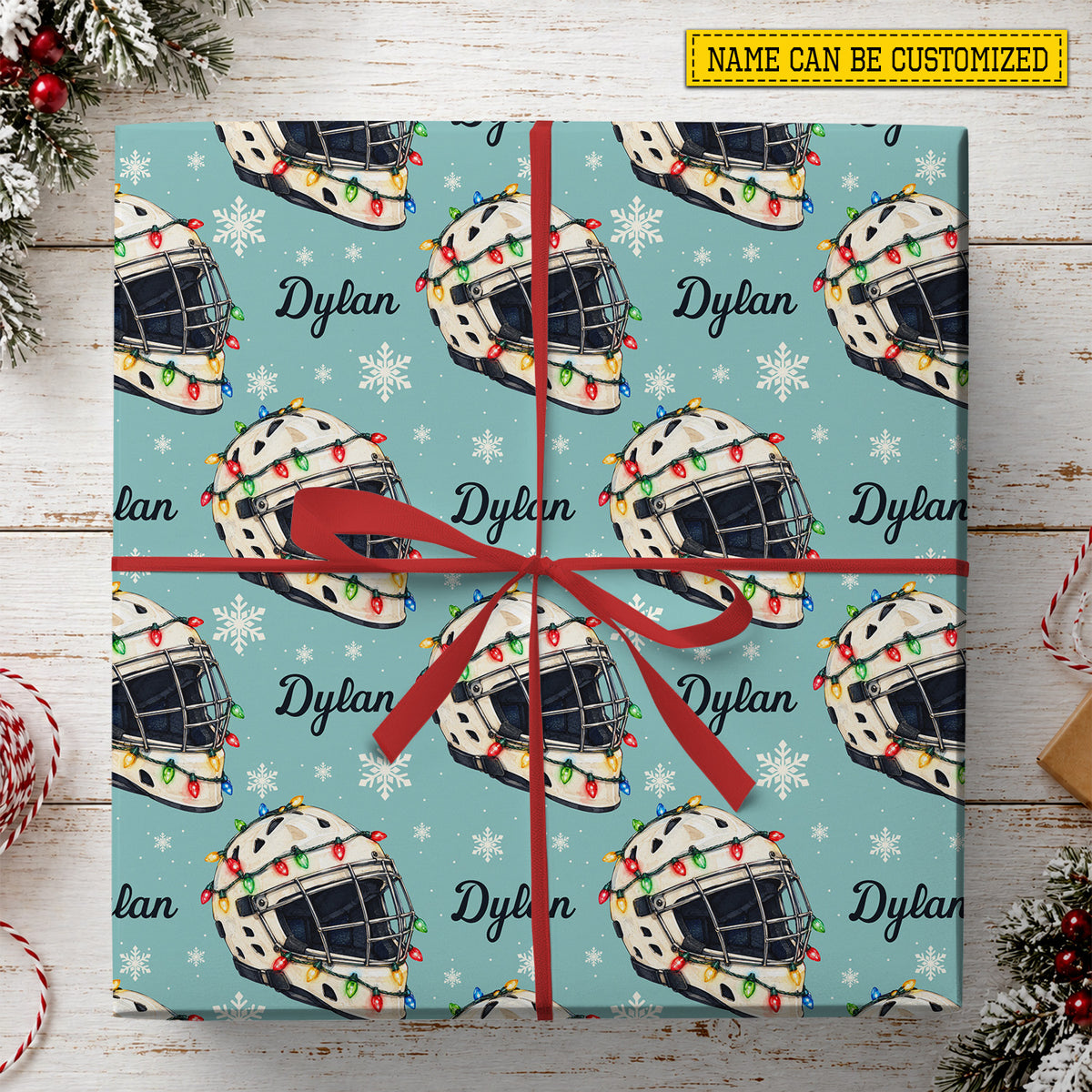 Personalized Christmas Hockey Wrapping Paper, Hockey Helmet With Christmas Lights Wrapping Paper Rolls, Xmas Gift Wrap For Hockey Lover