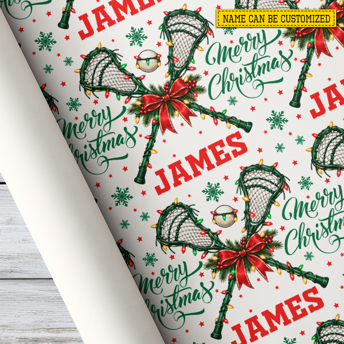 Personalized Christmas Lacrosse Wrapping Paper, Lacrosse Sticks And Holiday Bows Wrapping Paper Rolls, Xmas Gift Wrap For Lacrosse Lover