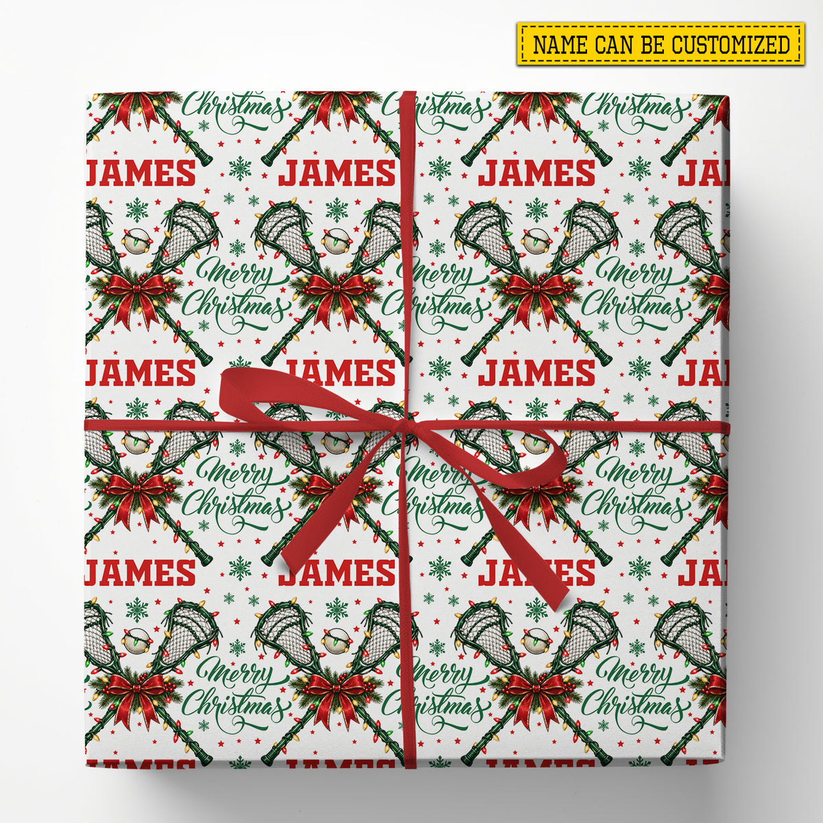 Personalized Christmas Lacrosse Wrapping Paper, Lacrosse Sticks And Holiday Bows Wrapping Paper Rolls, Xmas Gift Wrap For Lacrosse Lover