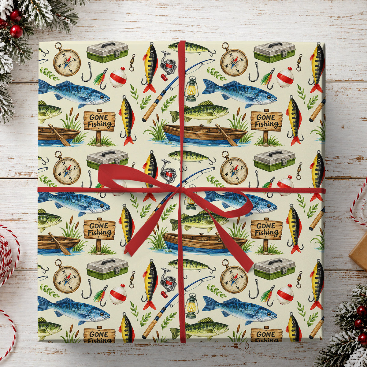 Vintage Fishing Wrapping Paper, Bass Fish And Fishing Gear Pattern Wrapping Paper Rolls, Gift Wrap For Fishing Lover