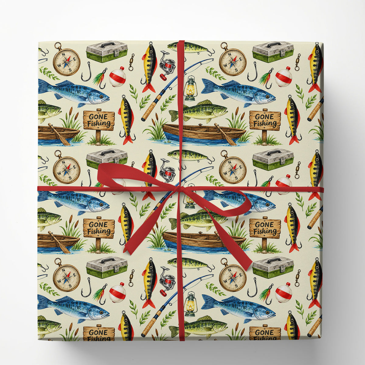 Vintage Fishing Wrapping Paper, Bass Fish And Fishing Gear Pattern Wrapping Paper Rolls, Gift Wrap For Fishing Lover