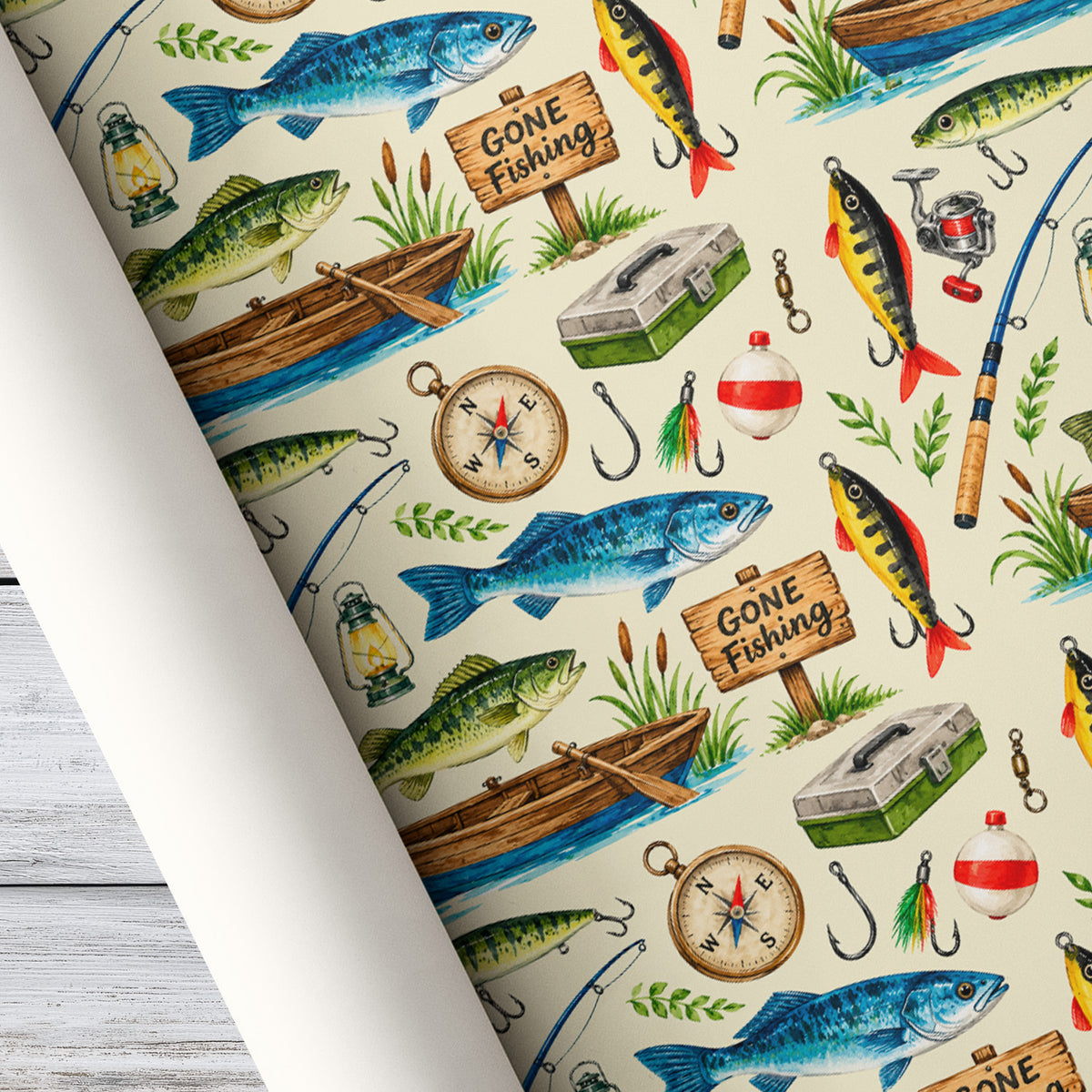 Vintage Fishing Wrapping Paper, Bass Fish And Fishing Gear Pattern Wrapping Paper Rolls, Gift Wrap For Fishing Lover