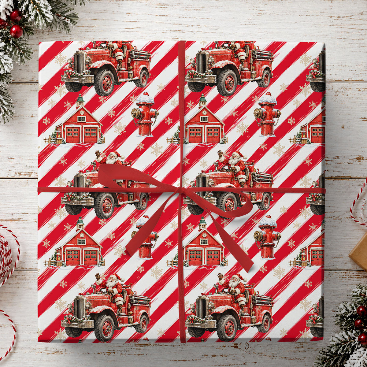 Christmas Firefighter Wrapping Paper, Santa Claus Driving Vintage Fire Truck Wrapping Paper Rolls, Xmas Gift Wrap For Firefighter Lover