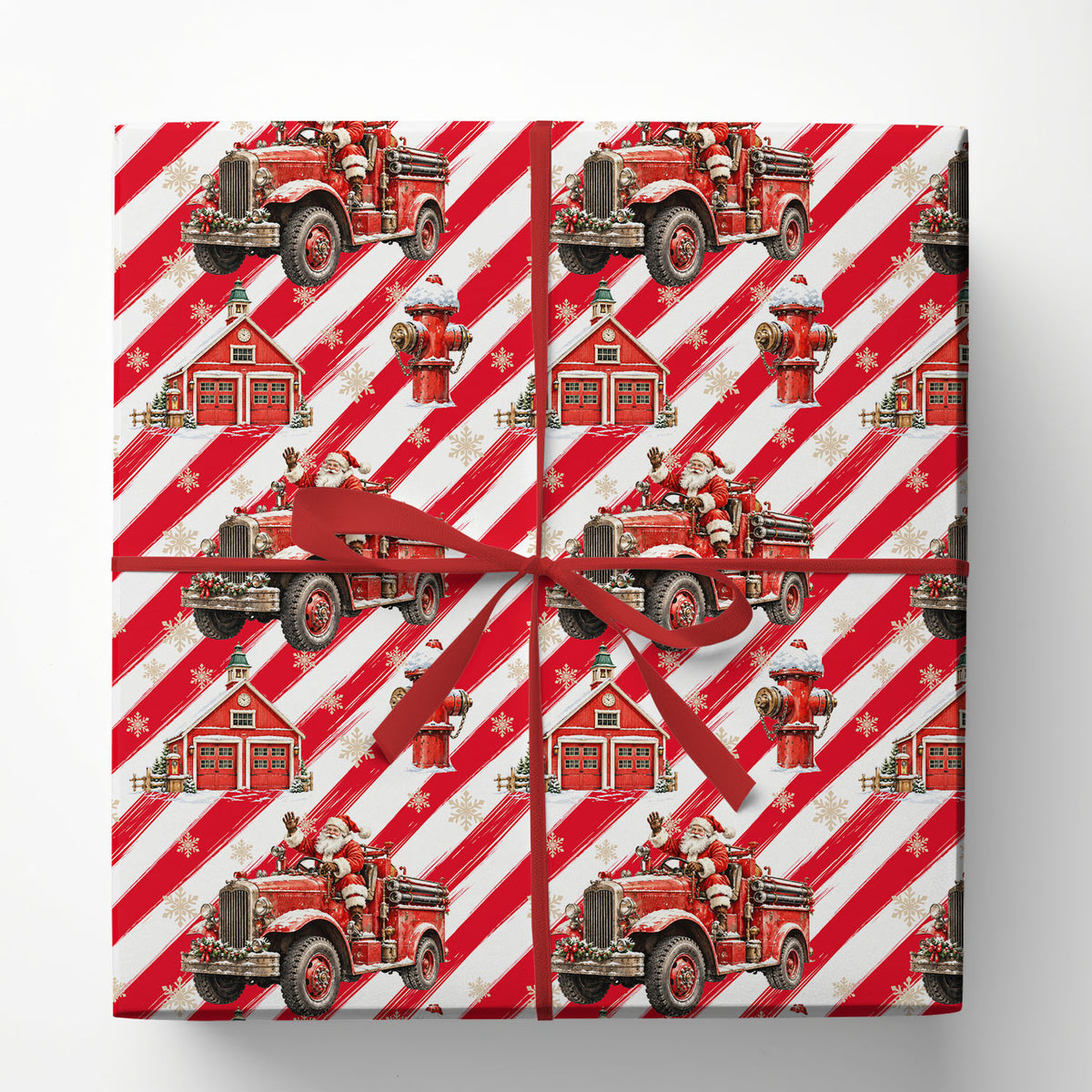 Christmas Firefighter Wrapping Paper, Santa Claus Driving Vintage Fire Truck Wrapping Paper Rolls, Xmas Gift Wrap For Firefighter Lover