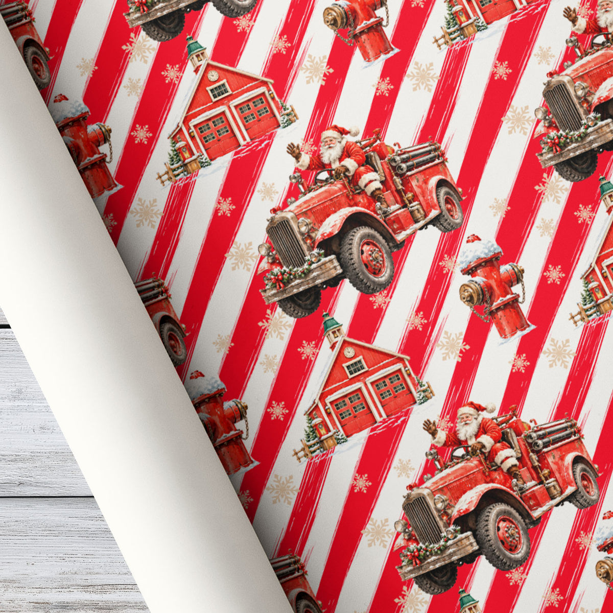 Christmas Firefighter Wrapping Paper, Santa Claus Driving Vintage Fire Truck Wrapping Paper Rolls, Xmas Gift Wrap For Firefighter Lover