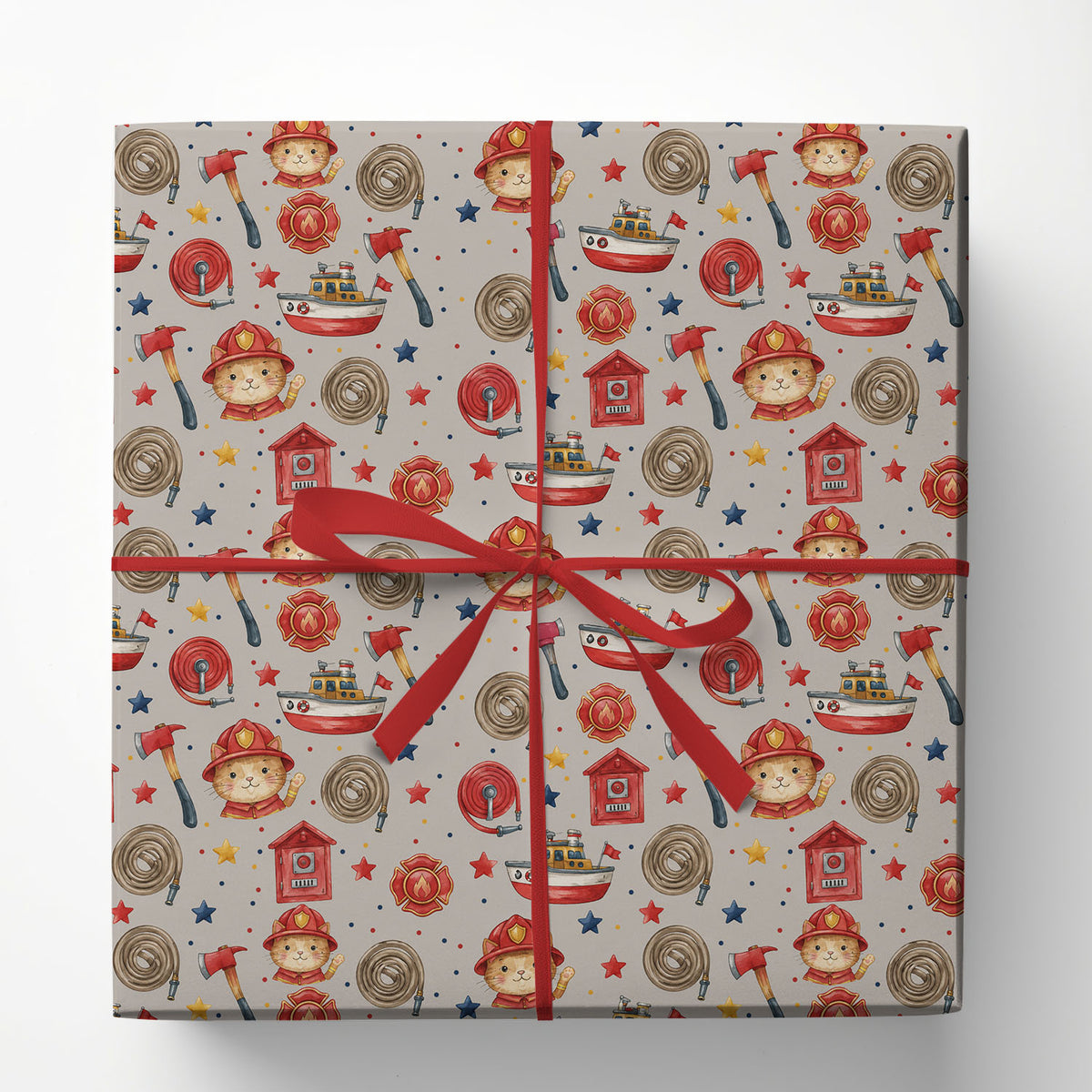 Cute Firefighter Cat Wrapping Paper, Fire Truck And Fire Rescue Pattern Wrapping Paper Rolls, Gift Wrap For Firefighter Lover