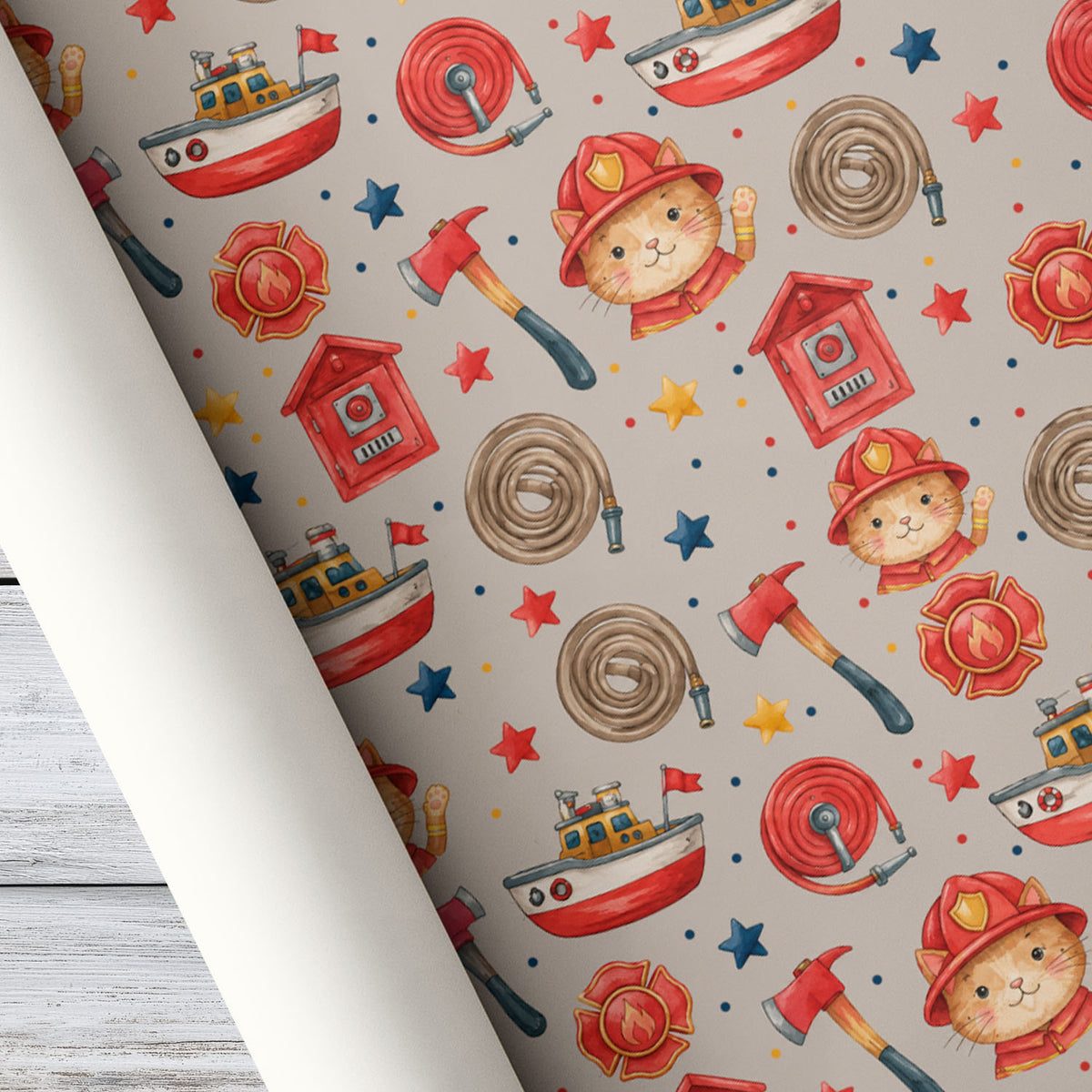 Cute Firefighter Cat Wrapping Paper, Fire Truck And Fire Rescue Pattern Wrapping Paper Rolls, Gift Wrap For Firefighter Lover