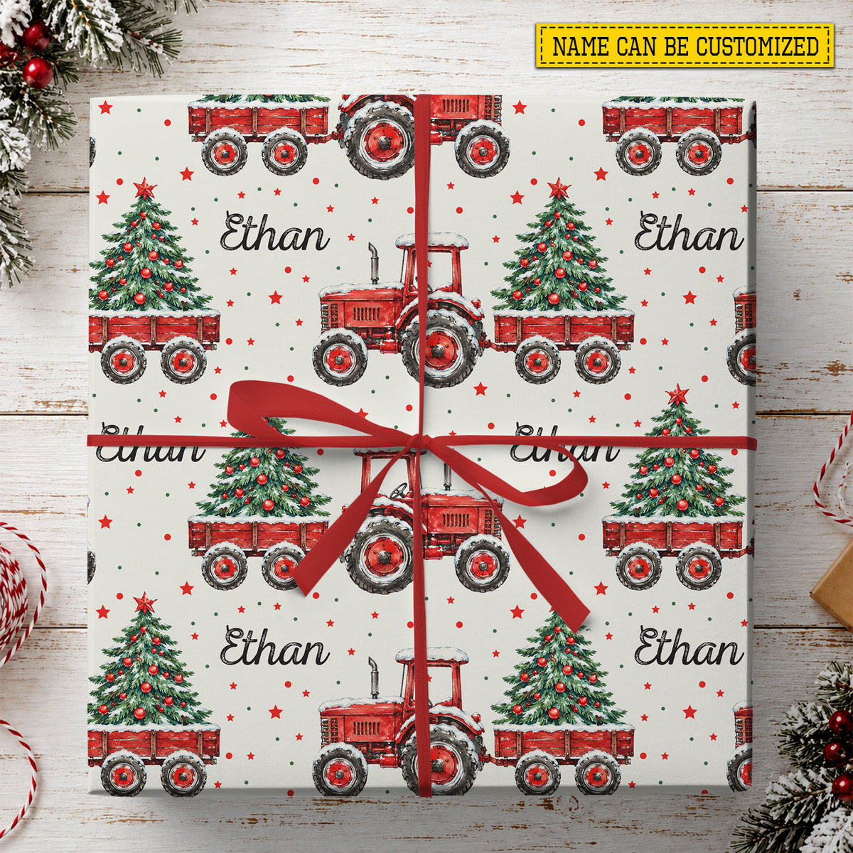 Personalized Christmas Farming Tractor Wrapping Paper, Christmas On The Farm Wrapping Paper Rolls, Xmas Gift Wrap For Tractor Lover