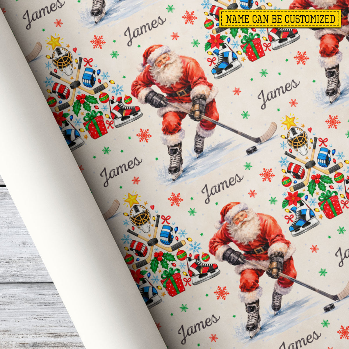 Personalized Christmas Hockey Wrapping Paper, Santa Playing Ice Hockey Sport Wrapping Paper Rolls, Xmas Gift Wrap For Hockey Lover