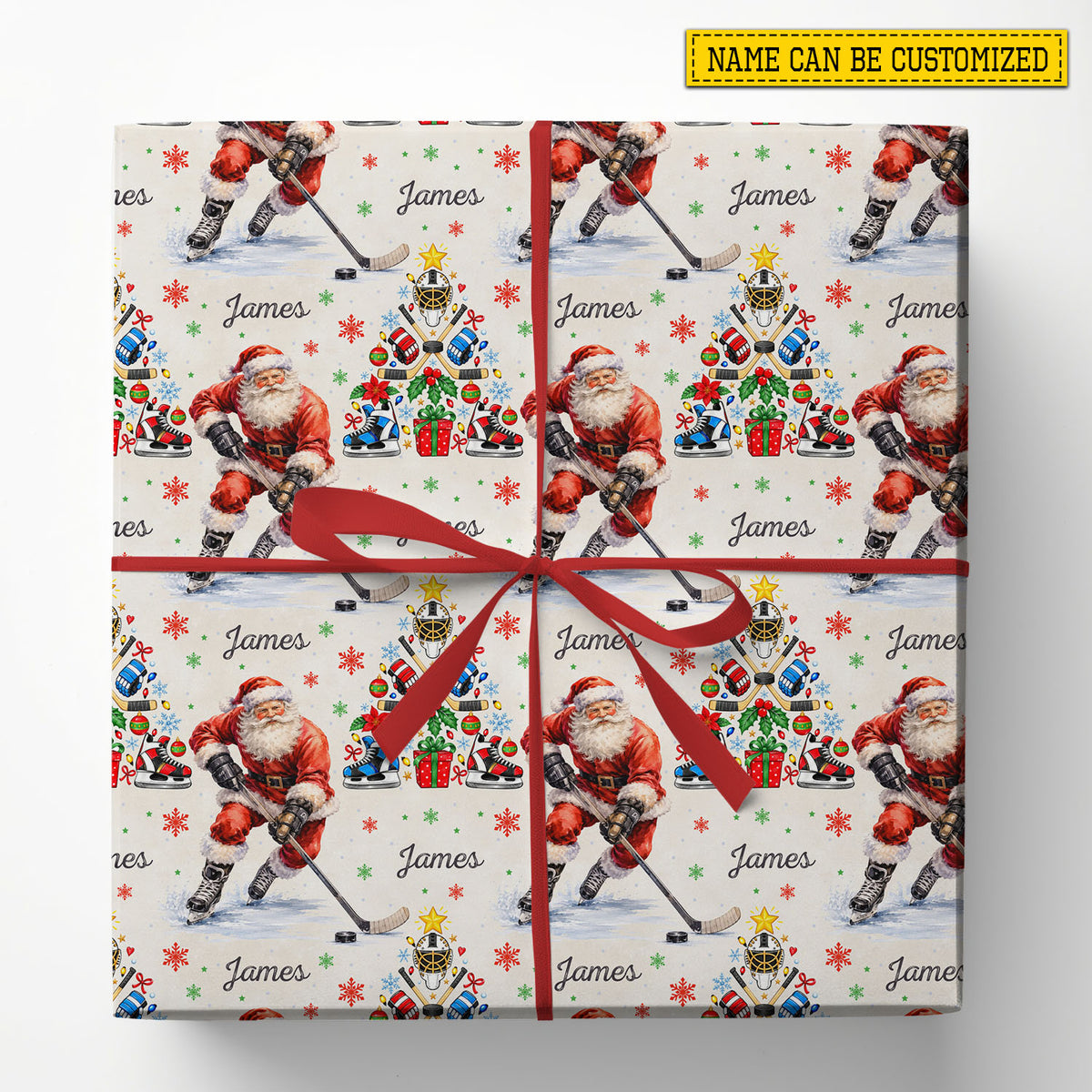 Personalized Christmas Hockey Wrapping Paper, Santa Playing Ice Hockey Sport Wrapping Paper Rolls, Xmas Gift Wrap For Hockey Lover