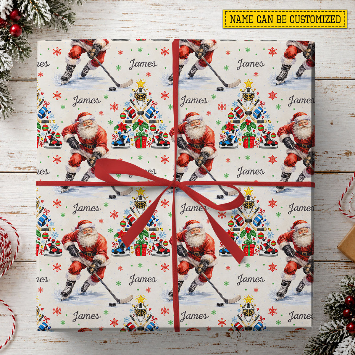 Personalized Christmas Hockey Wrapping Paper, Santa Playing Ice Hockey Sport Wrapping Paper Rolls, Xmas Gift Wrap For Hockey Lover