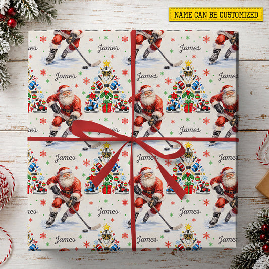 Personalized Christmas Hockey Wrapping Paper, Santa Playing Ice Hockey Sport Wrapping Paper Rolls, Xmas Gift Wrap For Hockey Lover