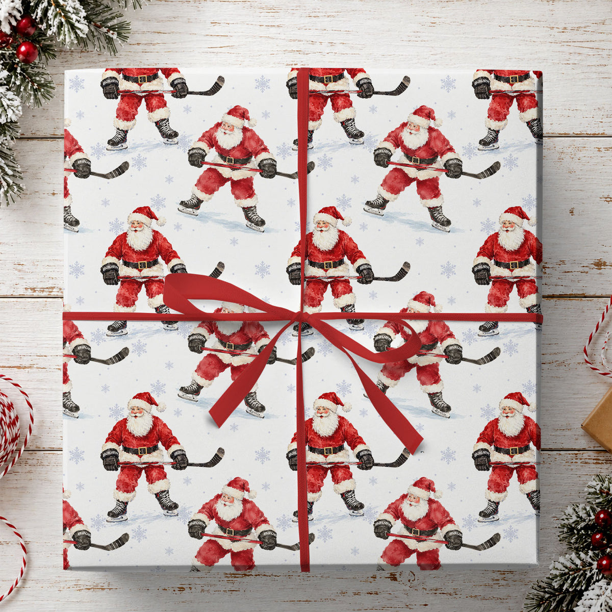 Christmas Hockey Wrapping Paper, Watercolor Santa Claus Playing Ice Hockey Sport Wrapping Paper Rolls, Xmas Gift Wrap For Hockey Lover
