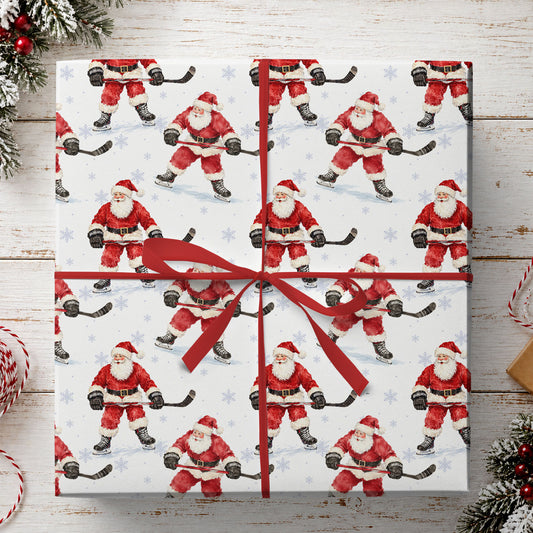 Christmas Hockey Wrapping Paper, Watercolor Santa Claus Playing Ice Hockey Sport Wrapping Paper Rolls, Xmas Gift Wrap For Hockey Lover