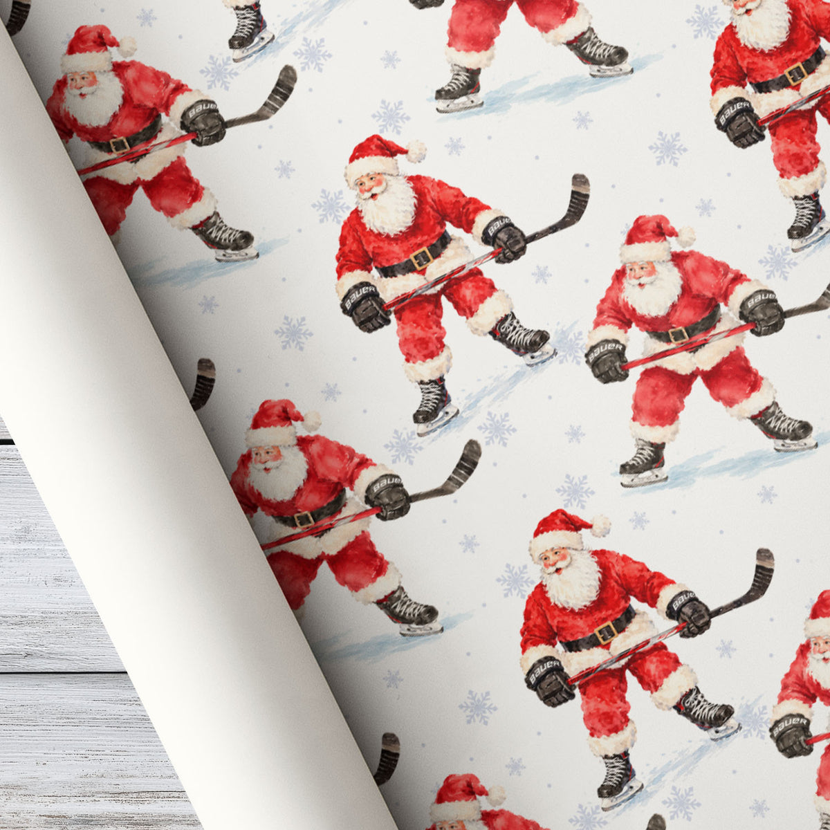 Christmas Hockey Wrapping Paper, Watercolor Santa Claus Playing Ice Hockey Sport Wrapping Paper Rolls, Xmas Gift Wrap For Hockey Lover