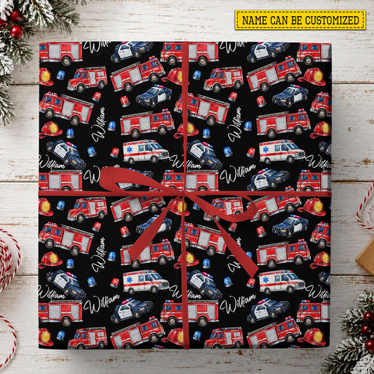 Personalized Emergency Vehicles Wrapping Paper, Fire Truck Police Car Ambulance Pattern Wrapping Paper Rolls, Gift Wrap For Emergency Vehicles Lover