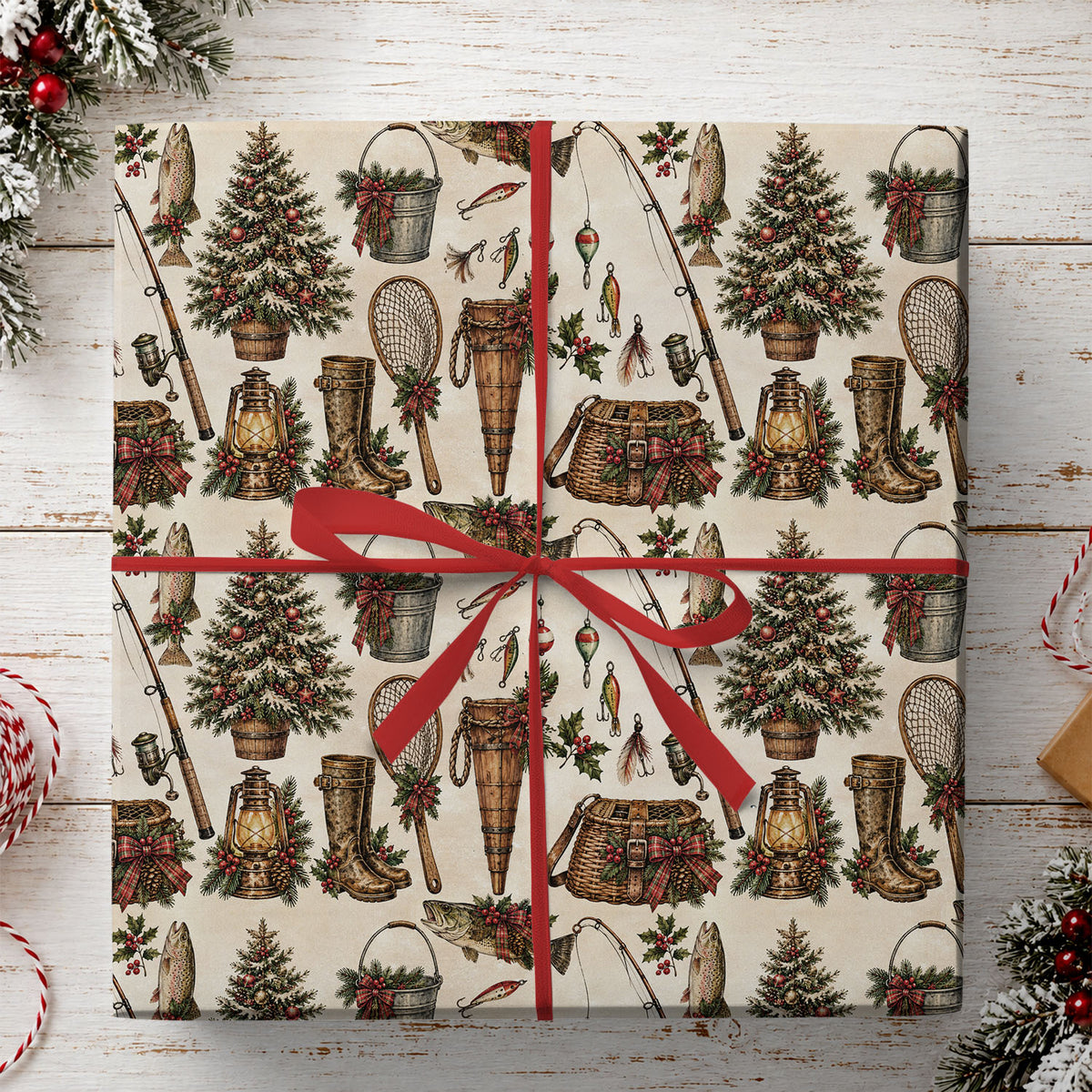 Vintage Christmas Fishing Wrapping Paper, Fishing Gear Trout Fish And Christmas Tree Wrapping Paper Rolls, Xmas Gift Wrap For Fishing Lover