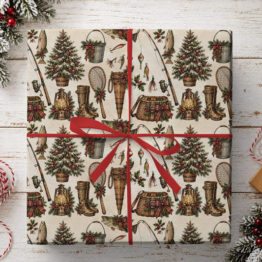 Vintage Christmas Fishing Wrapping Paper, Fishing Gear Trout Fish And Christmas Tree Wrapping Paper Rolls, Xmas Gift Wrap For Fishing Lover