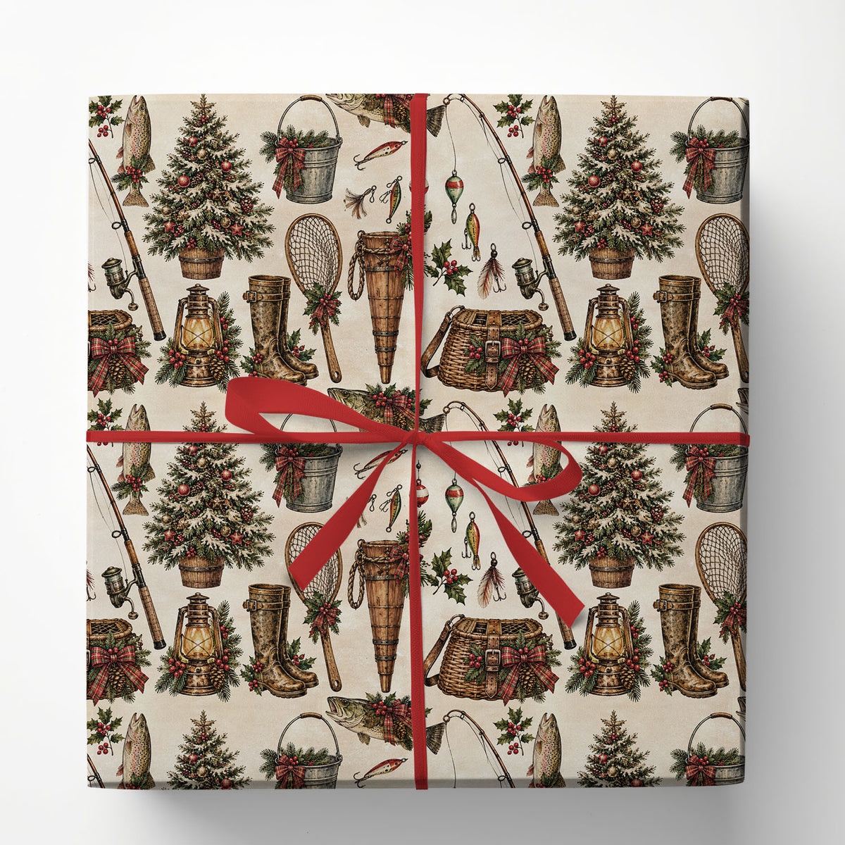 Vintage Christmas Fishing Wrapping Paper, Fishing Gear Trout Fish And Christmas Tree Wrapping Paper Rolls, Xmas Gift Wrap For Fishing Lover