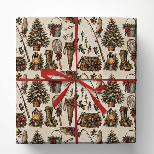 Vintage Christmas Fishing Wrapping Paper, Fishing Gear Trout Fish And Christmas Tree Wrapping Paper Rolls, Xmas Gift Wrap For Fishing Lover