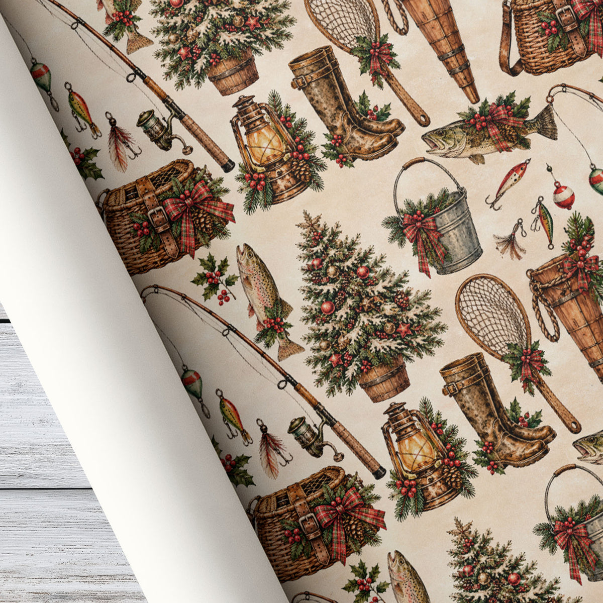 Vintage Christmas Fishing Wrapping Paper, Fishing Gear Trout Fish And Christmas Tree Wrapping Paper Rolls, Xmas Gift Wrap For Fishing Lover