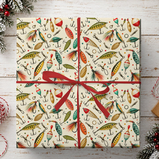 Vintage Fishing Lures Wrapping Paper, Colorful Fishing Bait And Hooks Wrapping Paper Rolls, Gift Wrap For Fly Fishing Lover