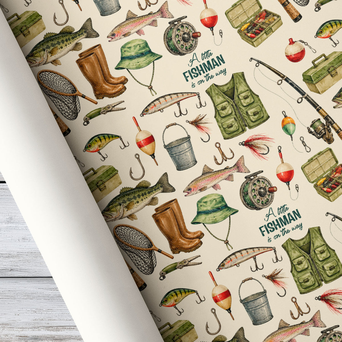 Vintage Fishing Wrapping Paper, A Little Fishman Is On The Way Wrapping Paper Rolls, Gift Wrap For Fishing Lover