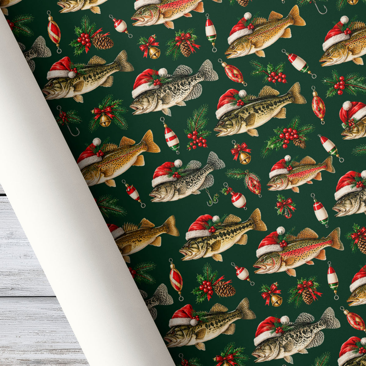Christmas Fishing Wrapping Paper, Bass And Trout Wearing Santa Hats Wrapping Paper Rolls, Xmas Gift Wrap For Fishing Lover