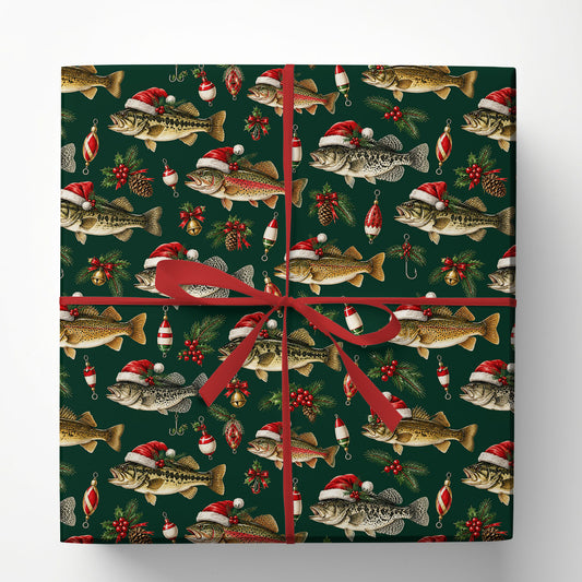 Christmas Fishing Wrapping Paper, Bass And Trout Wearing Santa Hats Wrapping Paper Rolls, Xmas Gift Wrap For Fishing Lover