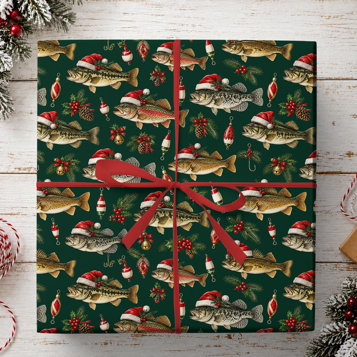 Christmas Fishing Wrapping Paper, Bass And Trout Wearing Santa Hats Wrapping Paper Rolls, Xmas Gift Wrap For Fishing Lover
