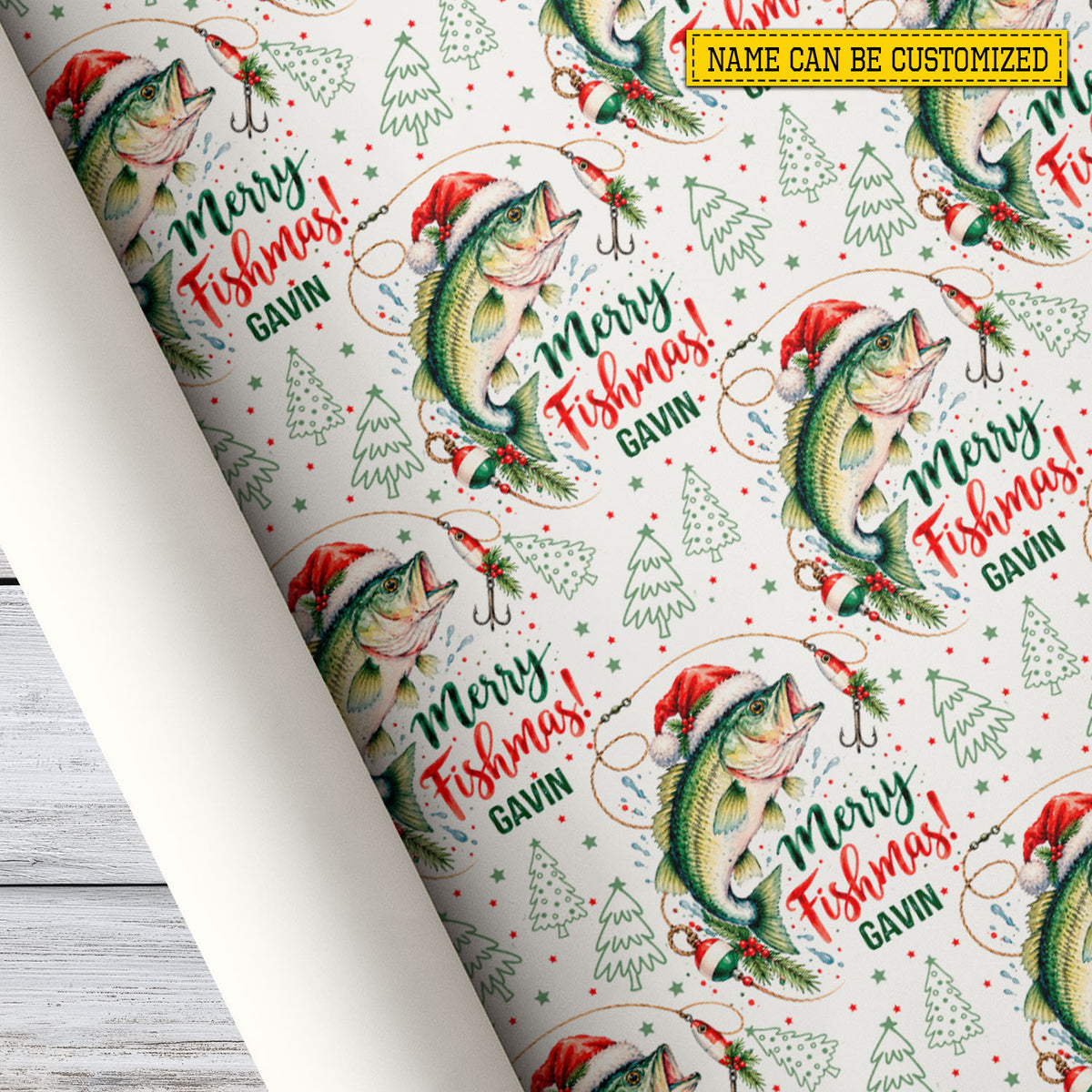 Personalized Christmas Fishing Wrapping Paper, Merry Fishmas Wrapping Paper Rolls, Xmas Gift Wrap For Fishing Lover