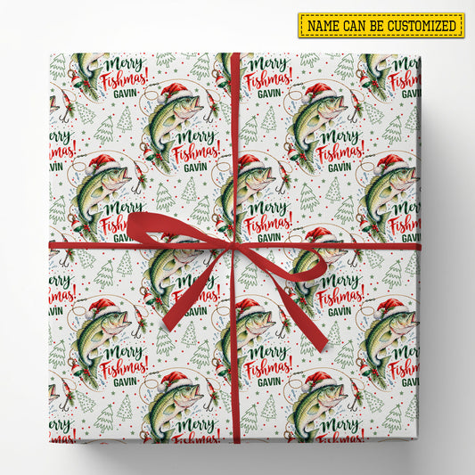 Personalized Christmas Fishing Wrapping Paper, Merry Fishmas Wrapping Paper Rolls, Xmas Gift Wrap For Fishing Lover