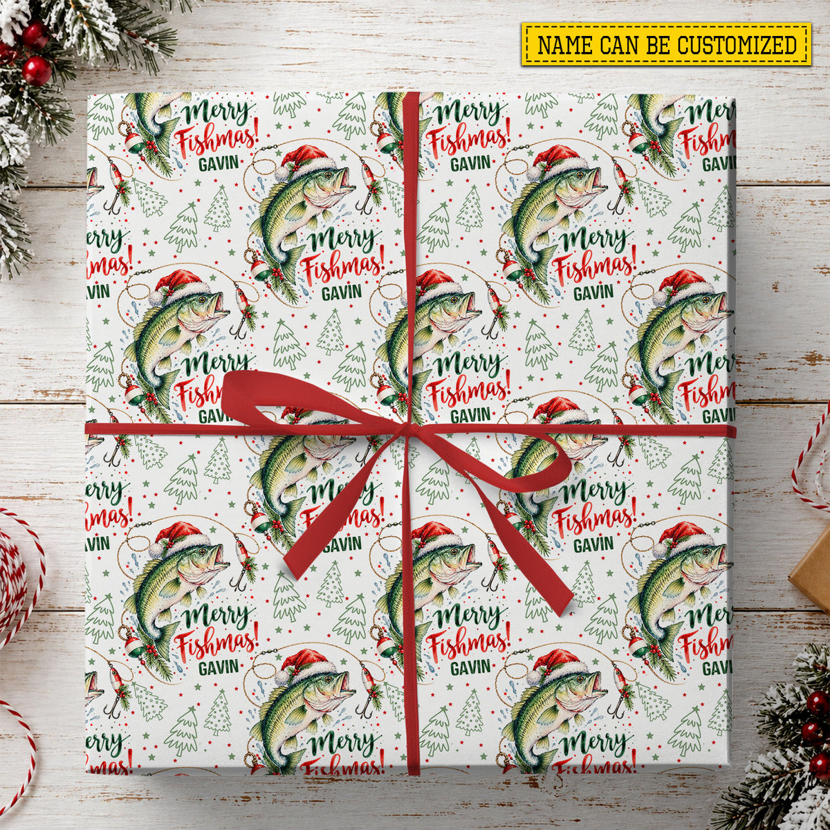 Personalized Christmas Fishing Wrapping Paper, Merry Fishmas Wrapping Paper Rolls, Xmas Gift Wrap For Fishing Lover