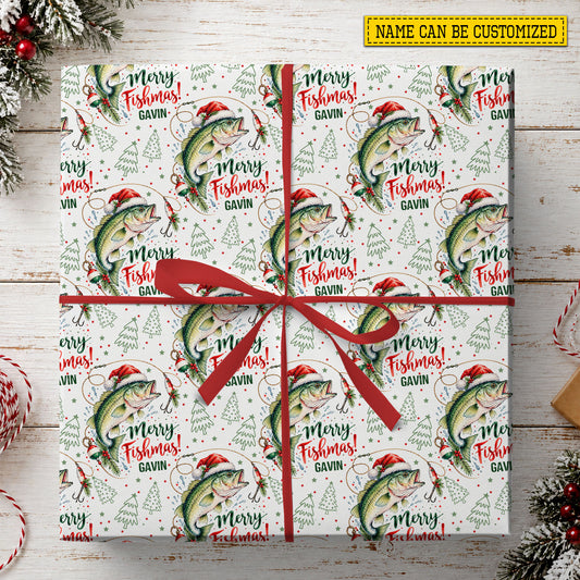 Personalized Christmas Fishing Wrapping Paper, Merry Fishmas Wrapping Paper Rolls, Xmas Gift Wrap For Fishing Lover
