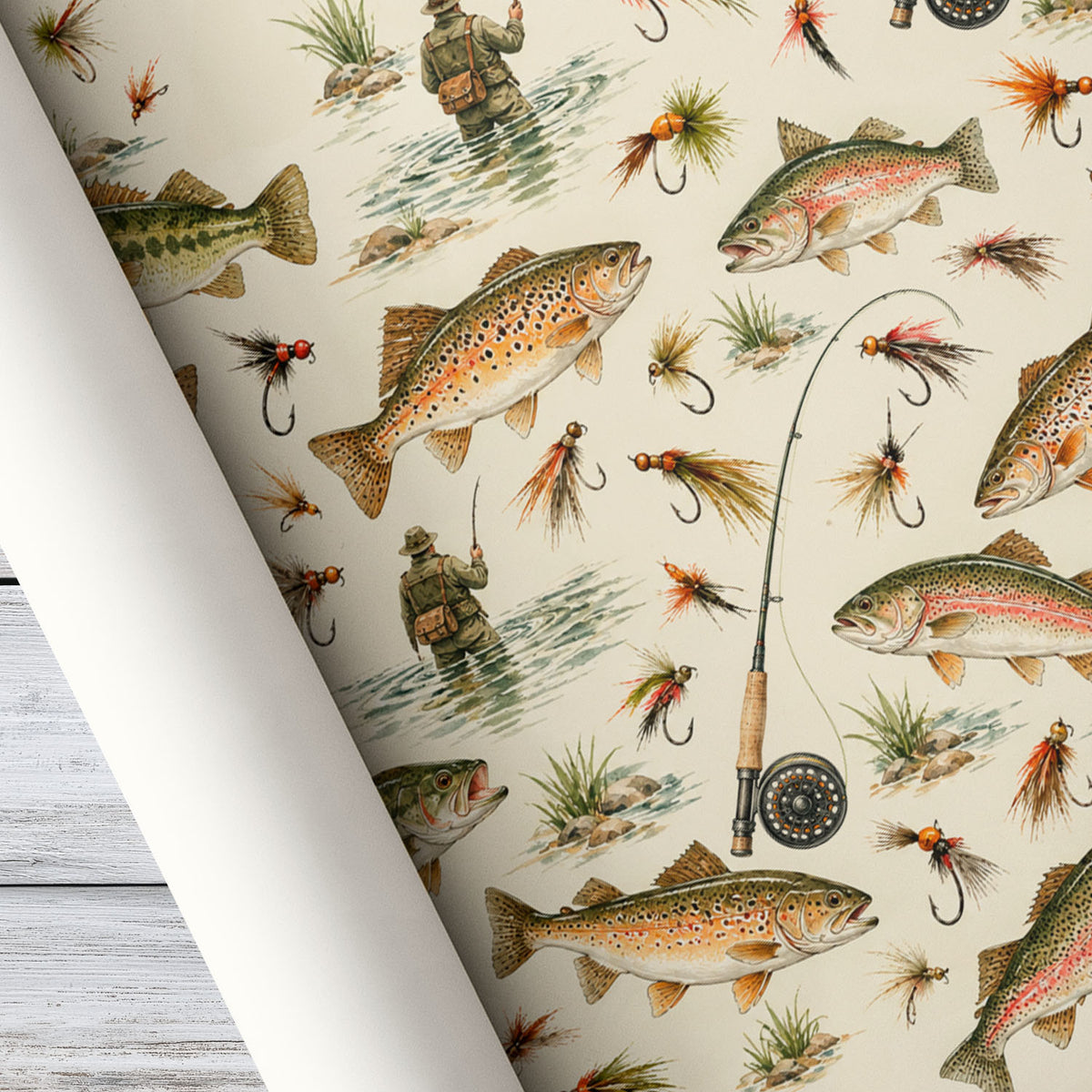 Vintage Fly Fishing Wrapping Paper, Trout Fish And Fishing Flies Pattern Wrapping Paper Rolls, Gift Wrap For Fishing Lover