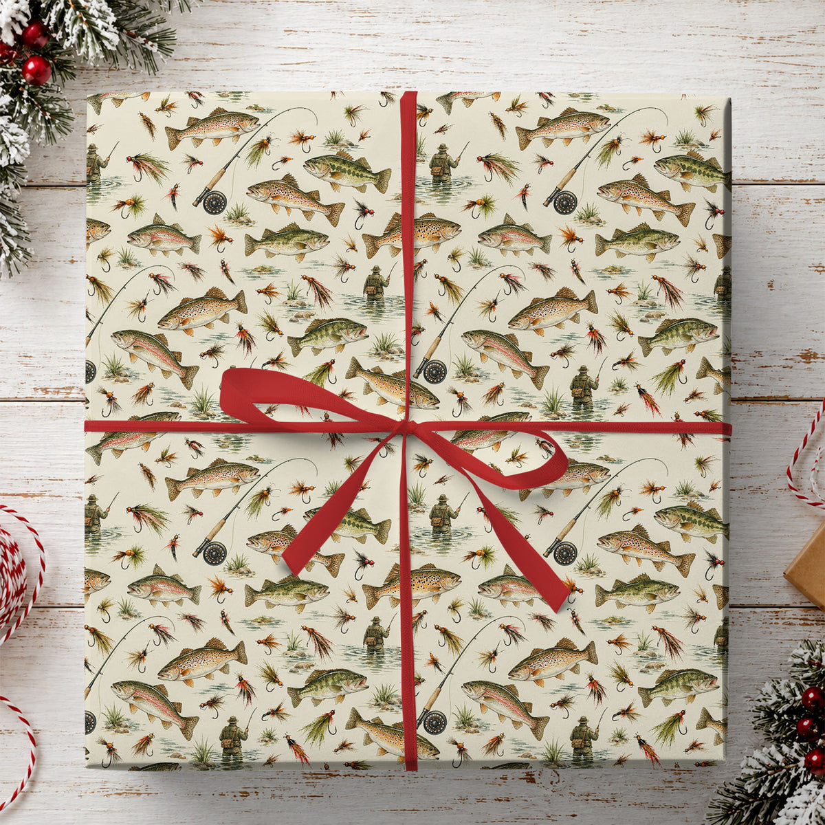 Vintage Fly Fishing Wrapping Paper, Trout Fish And Fishing Flies Pattern Wrapping Paper Rolls, Gift Wrap For Fishing Lover