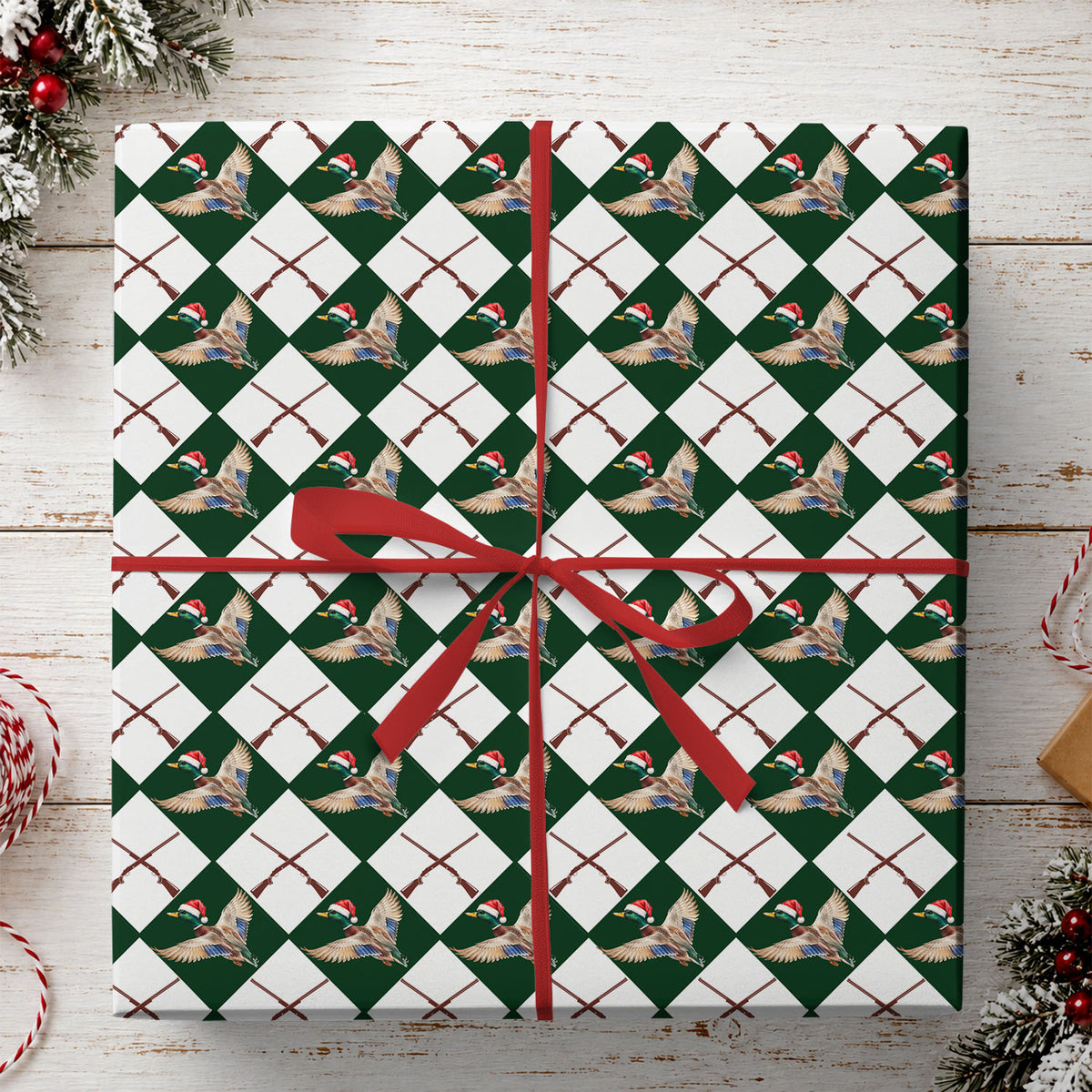 Christmas Duck Hunting Wrapping Paper, Mallard Ducks Wearing Santa Hats Wrapping Paper Rolls, Xmas Gift Wrap For Hunting Lover