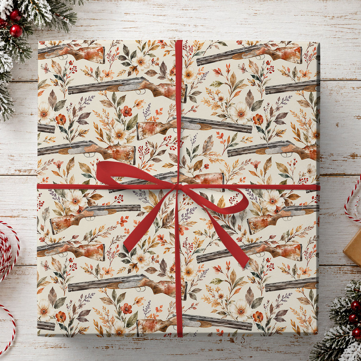 Hunting Wrapping Paper, Double Barrel Shotgun And Wildflower Pattern Wrapping Paper Rolls, Gift Wrap For Hunting Lover