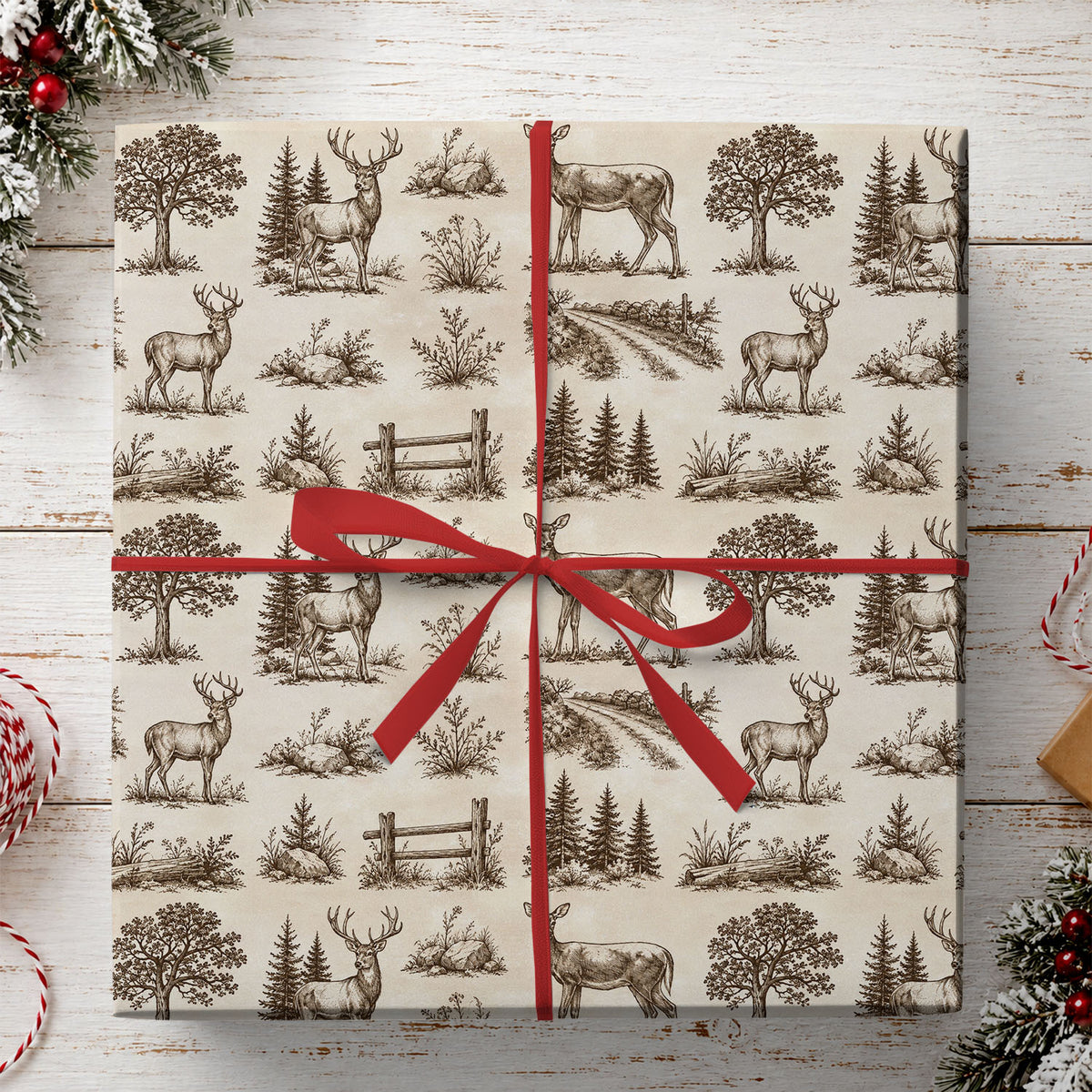 Vintage Deer Hunting Wrapping Paper, Rustic Whitetail Buck And Woodland Forest Wrapping Paper Rolls, Gift Wrap For Deer Hunting Lover