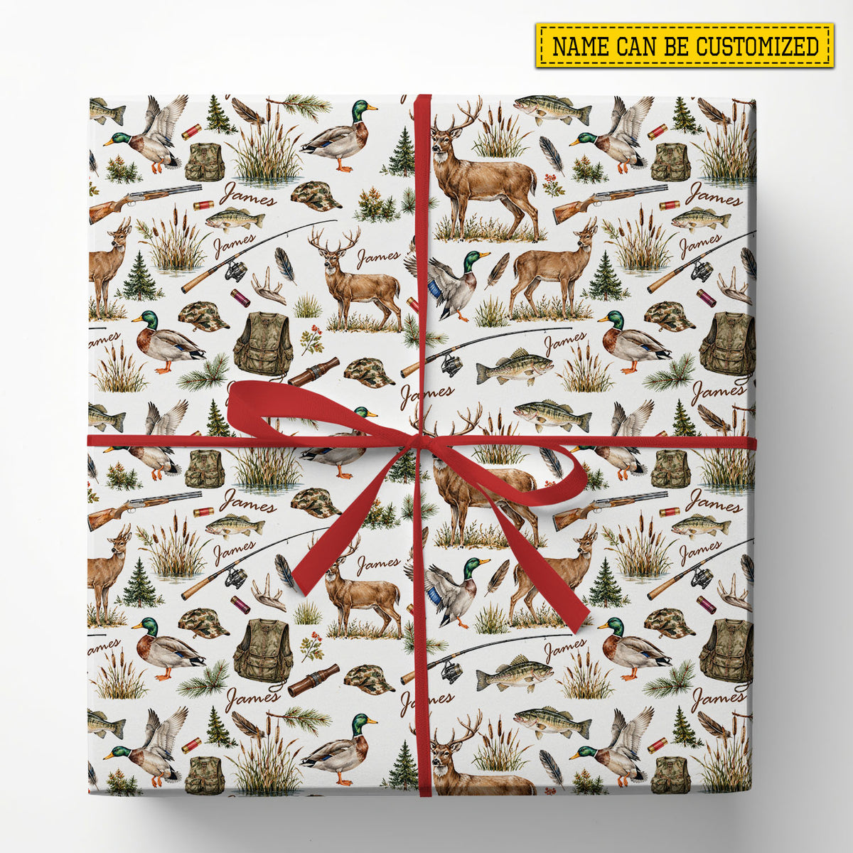 Personalized Hunting And Fishing Wrapping Paper, Deer Duck And Bass Pattern Wrapping Paper Rolls, Gift Wrap For Deer Hunting Lover
