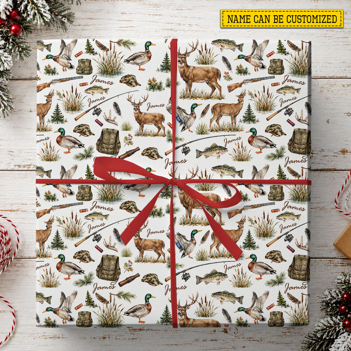 Personalized Hunting And Fishing Wrapping Paper, Deer Duck And Bass Pattern Wrapping Paper Rolls, Gift Wrap For Deer Hunting Lover