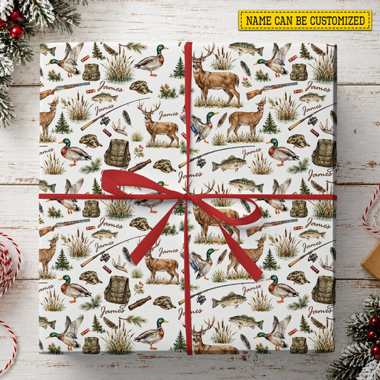 Personalized Hunting And Fishing Wrapping Paper, Deer Duck And Bass Pattern Wrapping Paper Rolls, Gift Wrap For Deer Hunting Lover