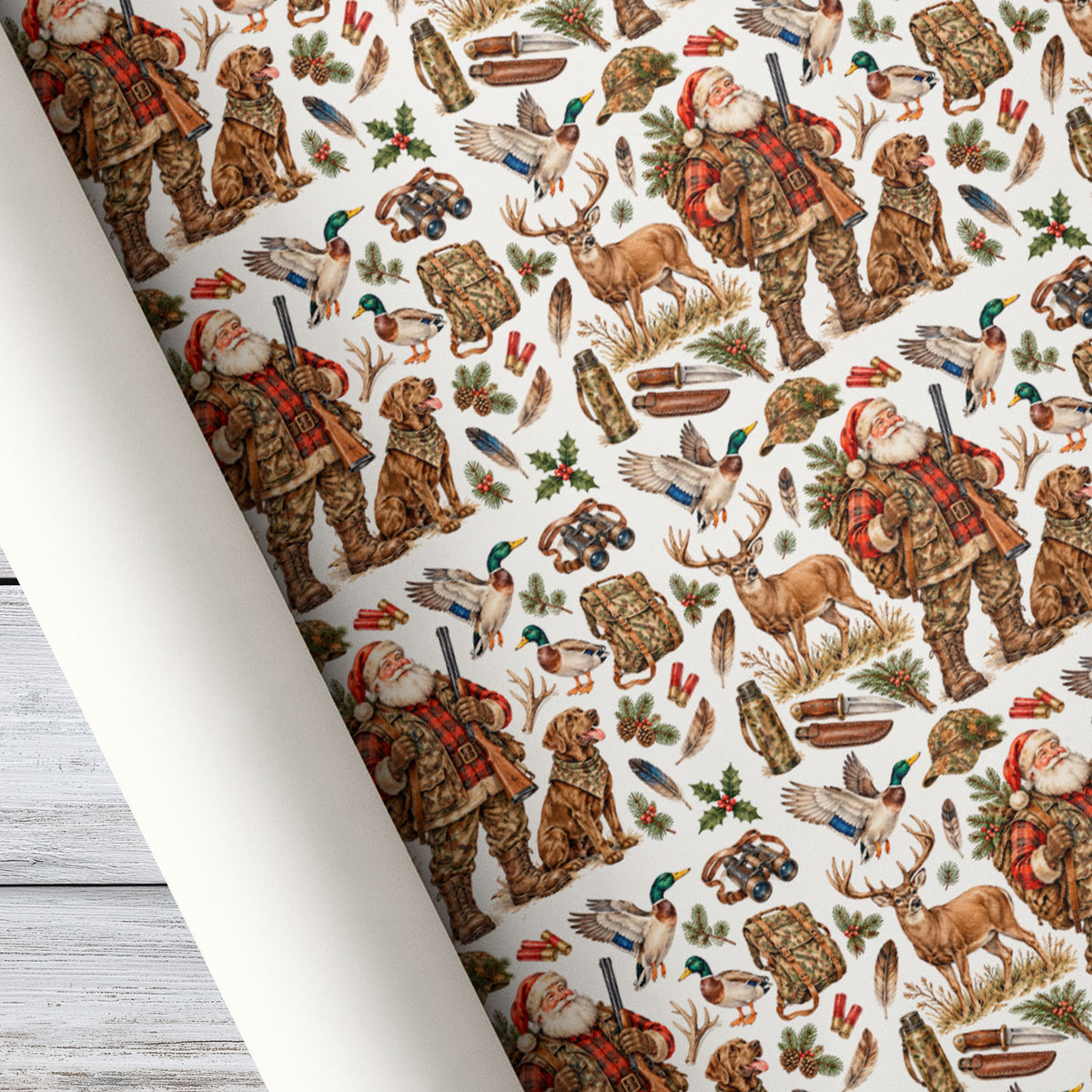 Hunting Santa Christmas Wrapping Paper, Camo Santa Claus With Hunting Dog Deer And Ducks Wrapping Paper Rolls, Xmas Gift For Hunters