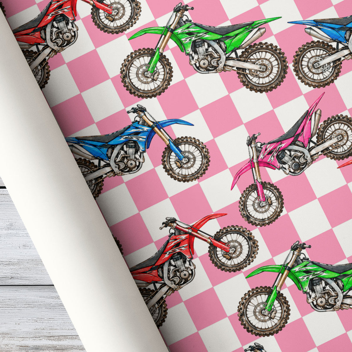 Motocross Wrapping Paper, Colorful Dirt Bikes And Checkerboard Pattern Wrapping Paper Rolls, Gift Wrap For Dirt Bike Lover
