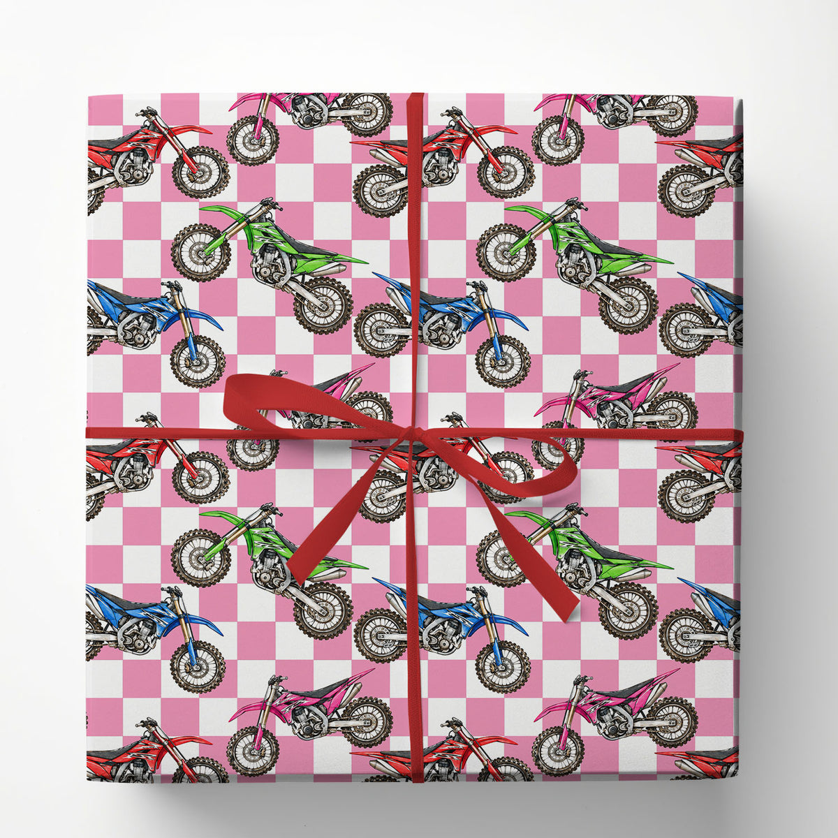 Motocross Wrapping Paper, Colorful Dirt Bikes And Checkerboard Pattern Wrapping Paper Rolls, Gift Wrap For Dirt Bike Lover