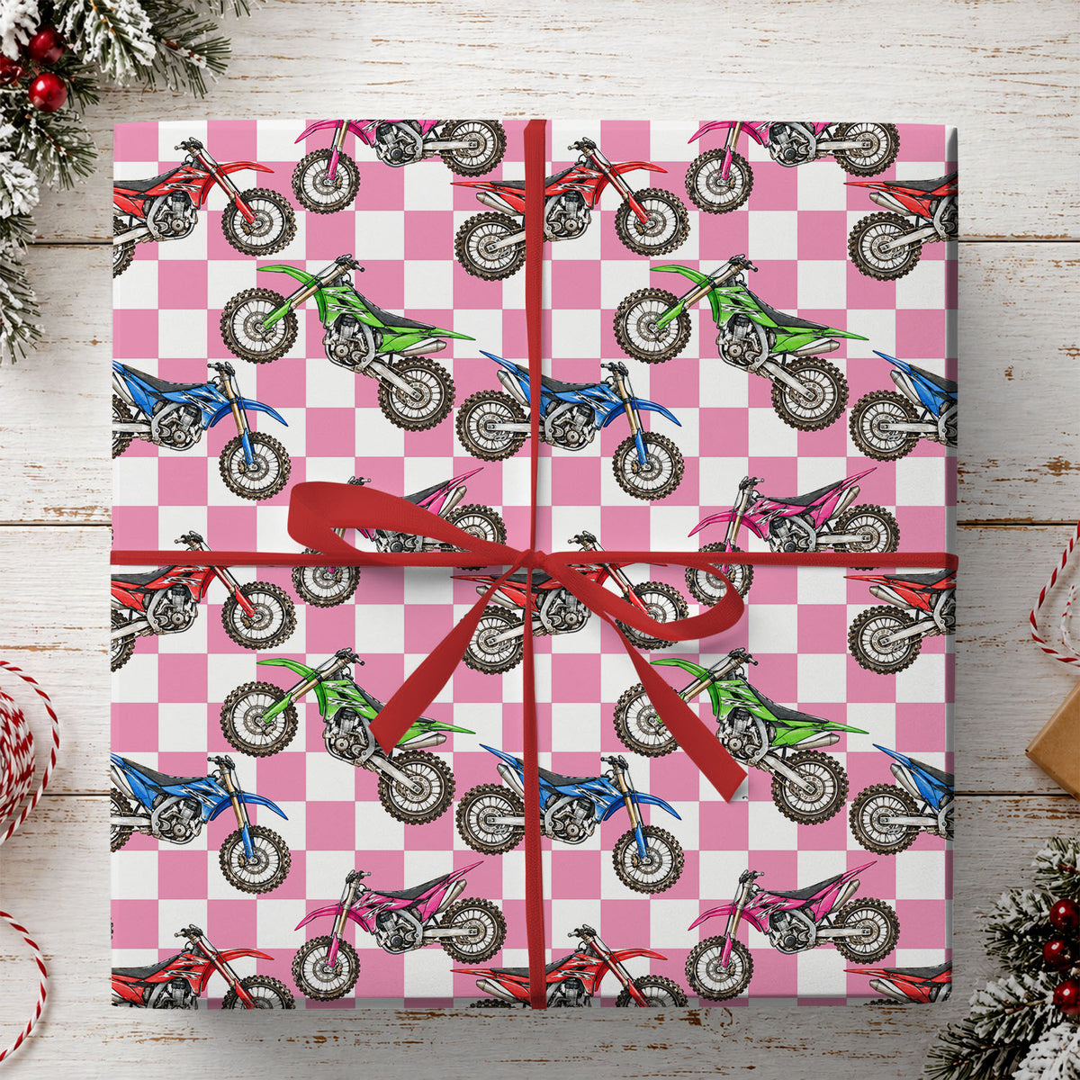 Motocross Wrapping Paper, Colorful Dirt Bikes And Checkerboard Pattern Wrapping Paper Rolls, Gift Wrap For Dirt Bike Lover